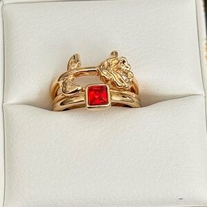 Gold Tone Multi-Band Ring with Red Square Crystal | Stackablr Statement Ring